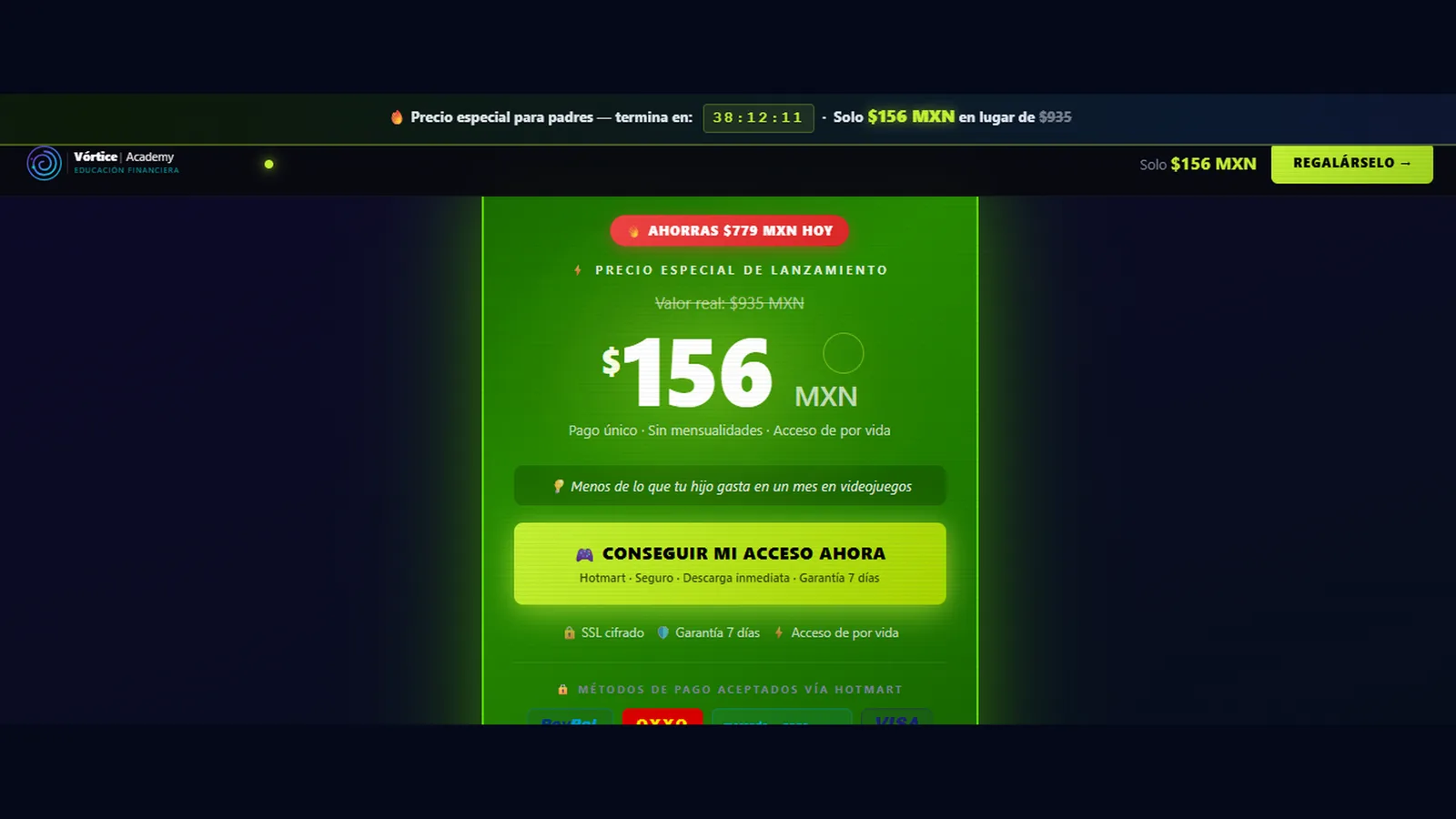 Sección de precio con urgencia Hotmart